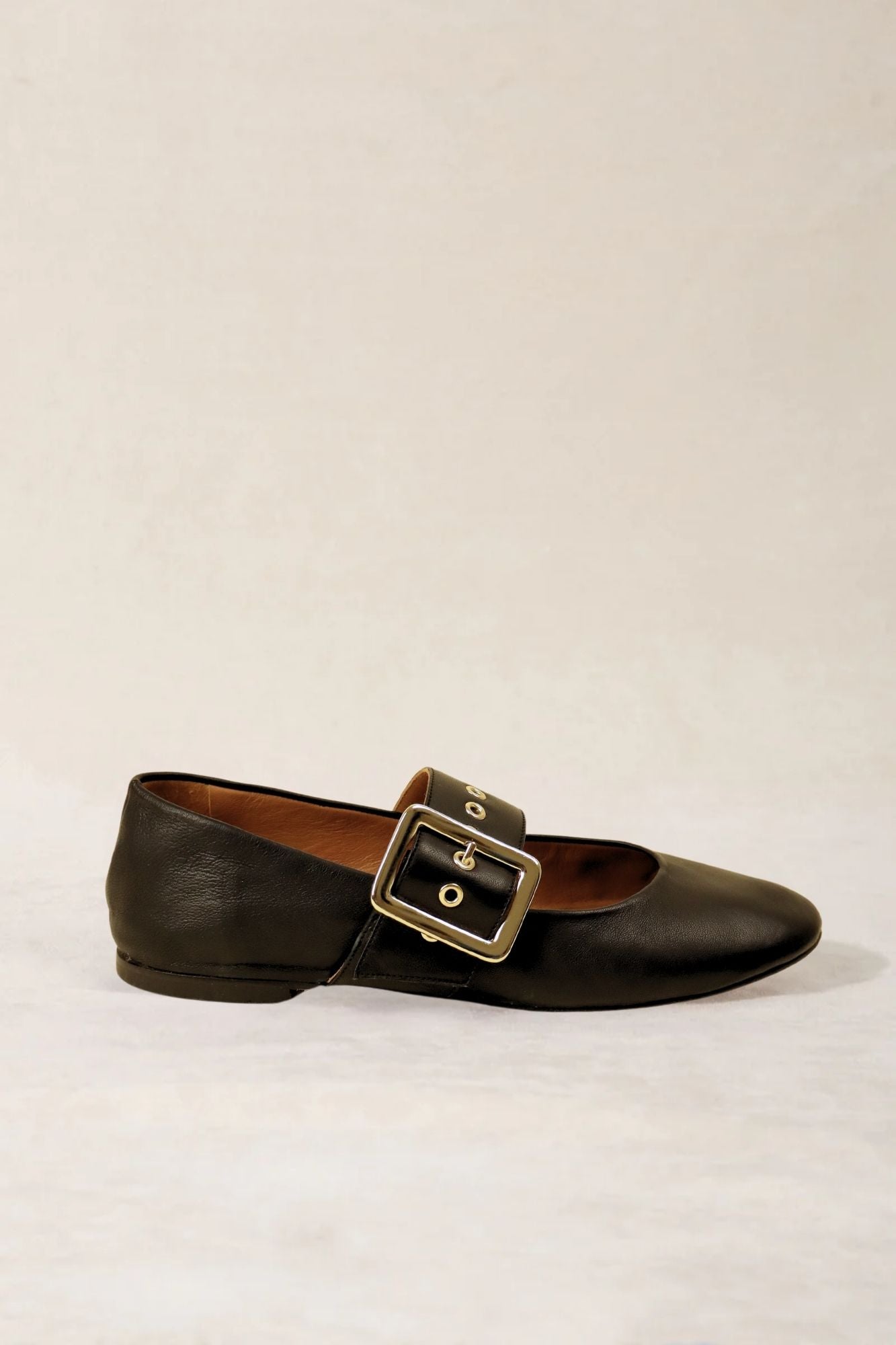 MICUIR Danseur de Roche black leather Mary Jane flat with gold-plated buckle, side view