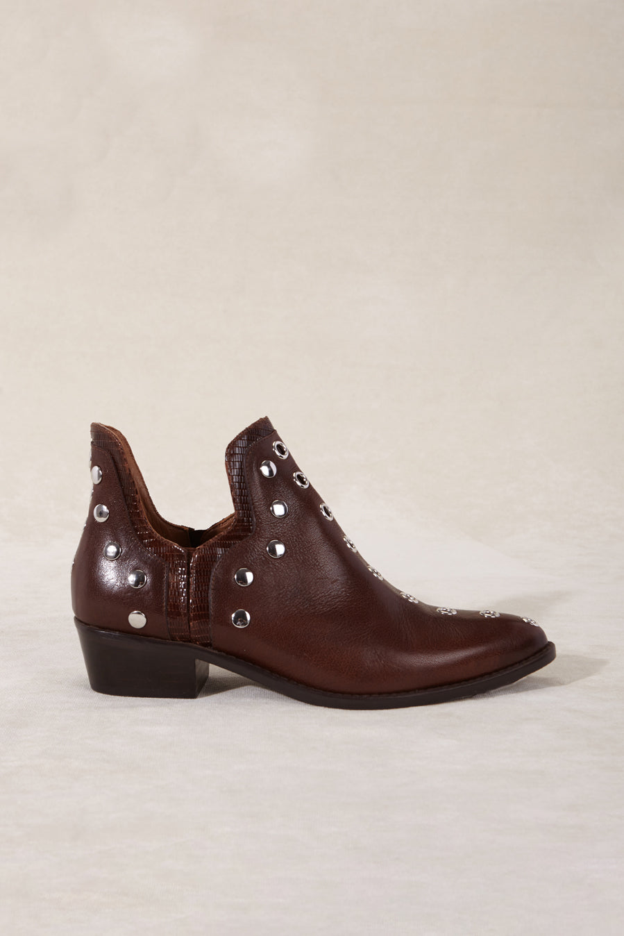 MICUIR Punky chocolate ankle boot, side view showing the open ankle and 4 cm heel