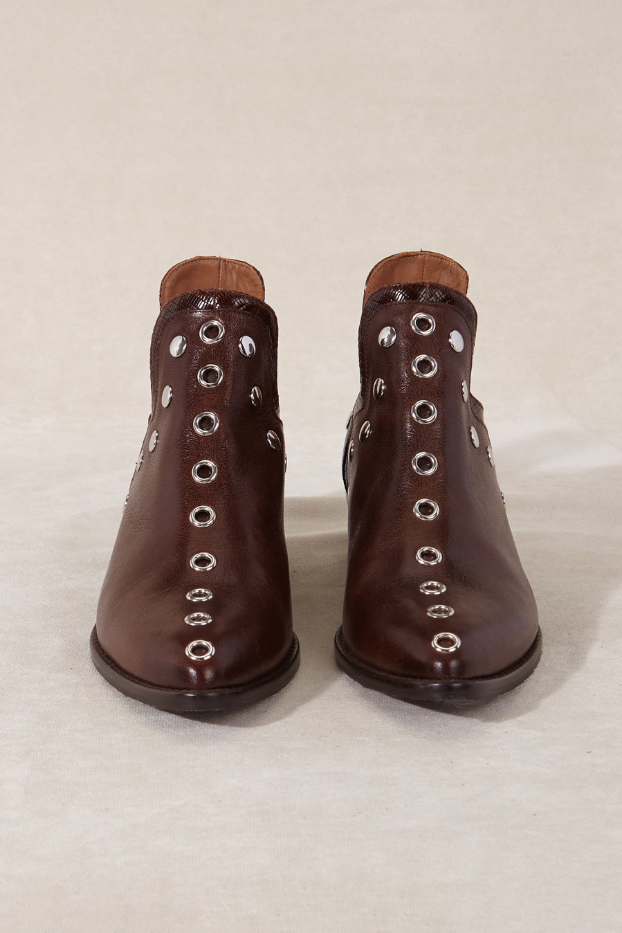 MICUIR Punky chocolate ankle boots, front view with silver studs