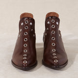 MICUIR Punky chocolate ankle boots, front view with silver studs