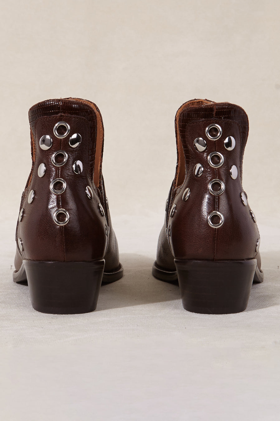MICUIR Punky chocolate ankle boots, back view with studded trim