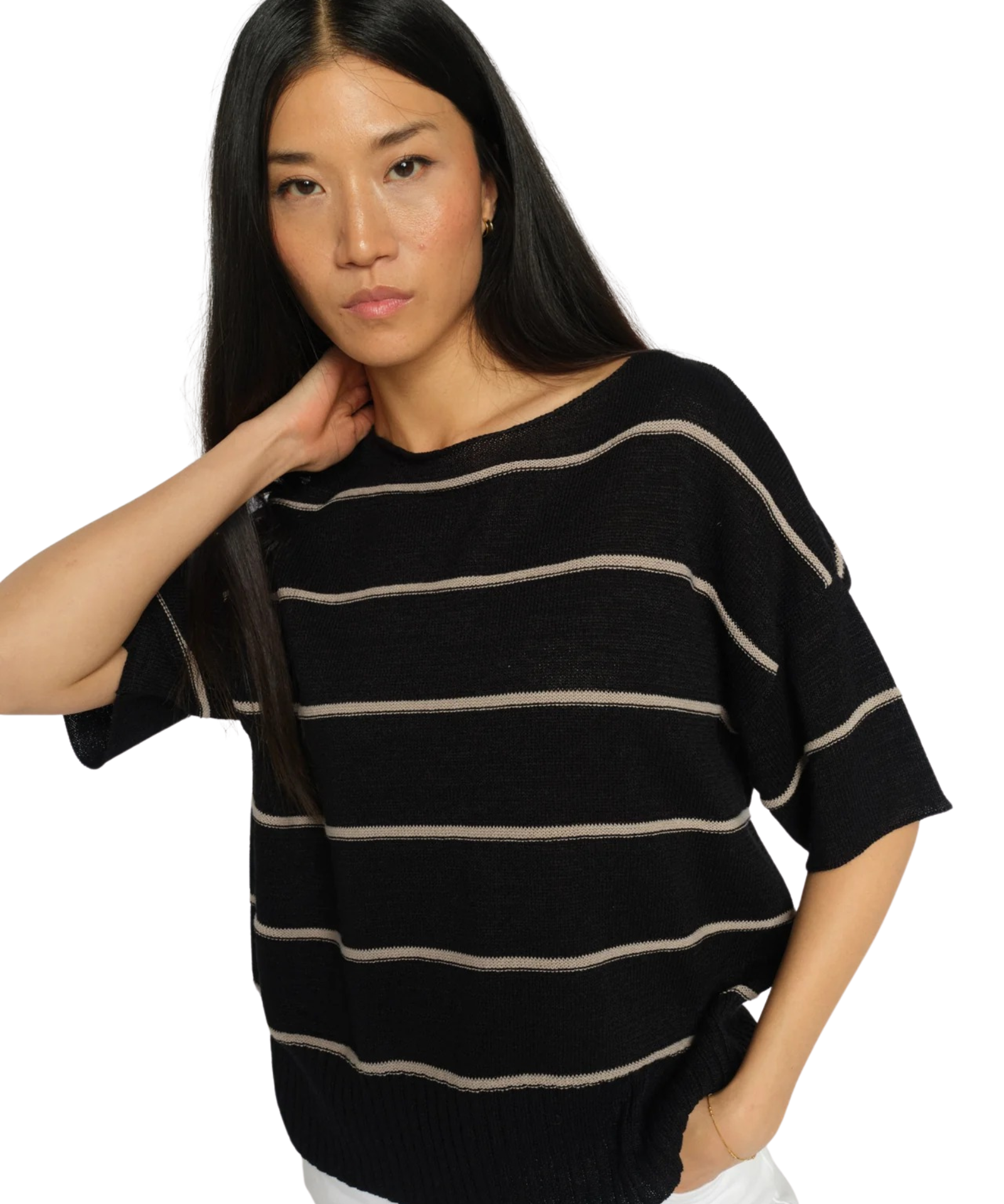 Straight cut MOS MOSH MMArlen striped top, short sleeve summer knit for a sustainable Swiss capsule wardrobe