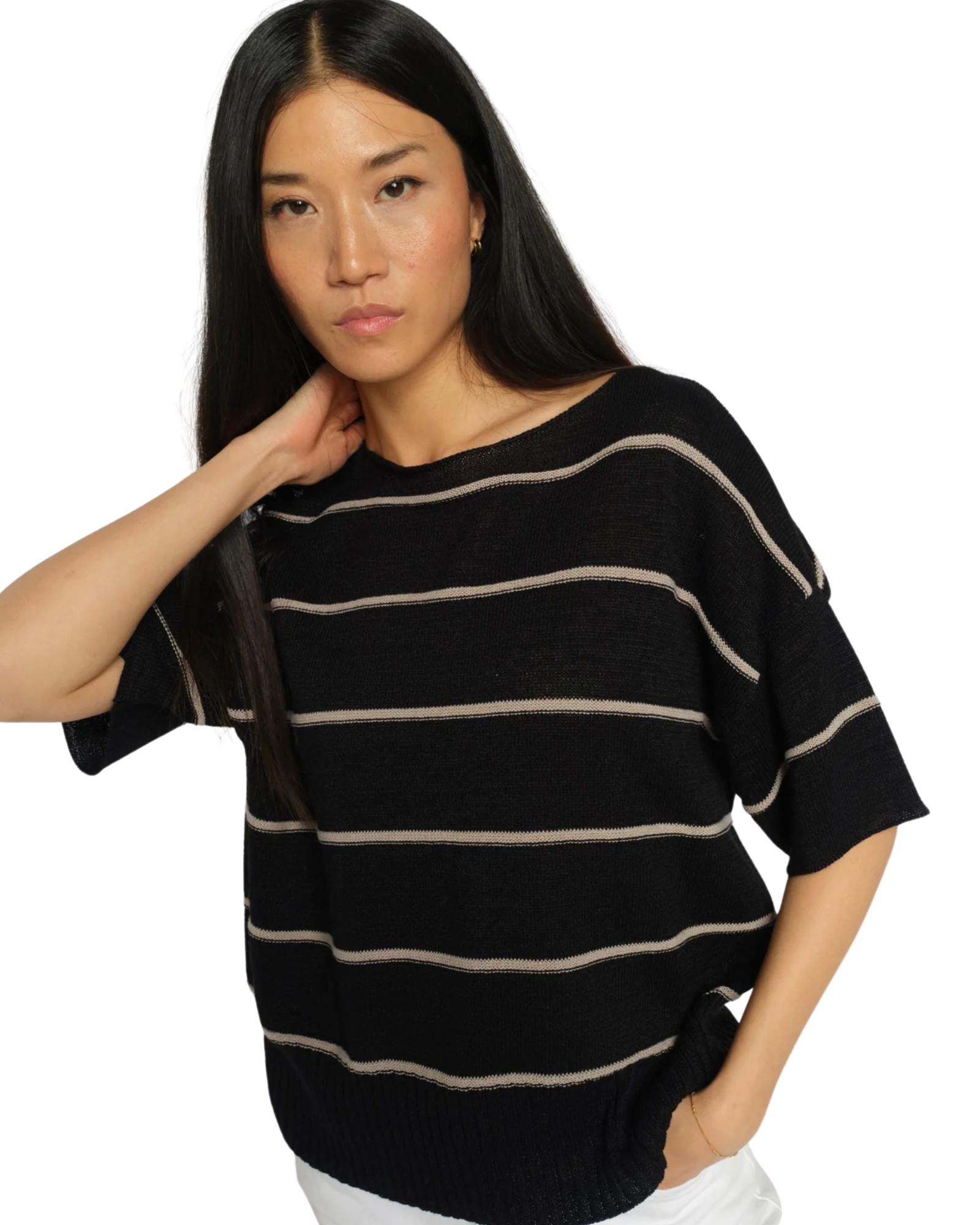 Straight cut MOS MOSH MMArlen striped top, short sleeve summer knit for a sustainable Swiss capsule wardrobe