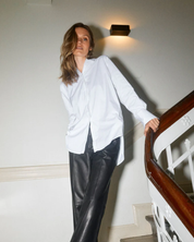 Model wearing MMEnola Shirt in White, front pose