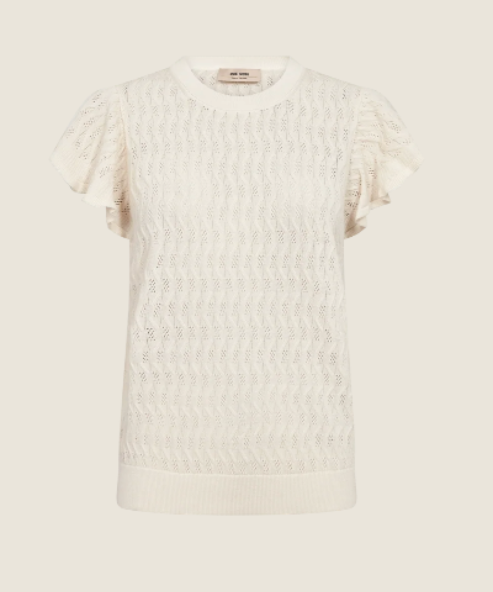 Écru MMGanna pattern O-neck knit top with wave design and ruffle sleeves
