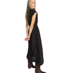 Side view of the MOS MOSH MMAria Mono dress in black, featuring a flowing midi skirt and refined sleeveless cut