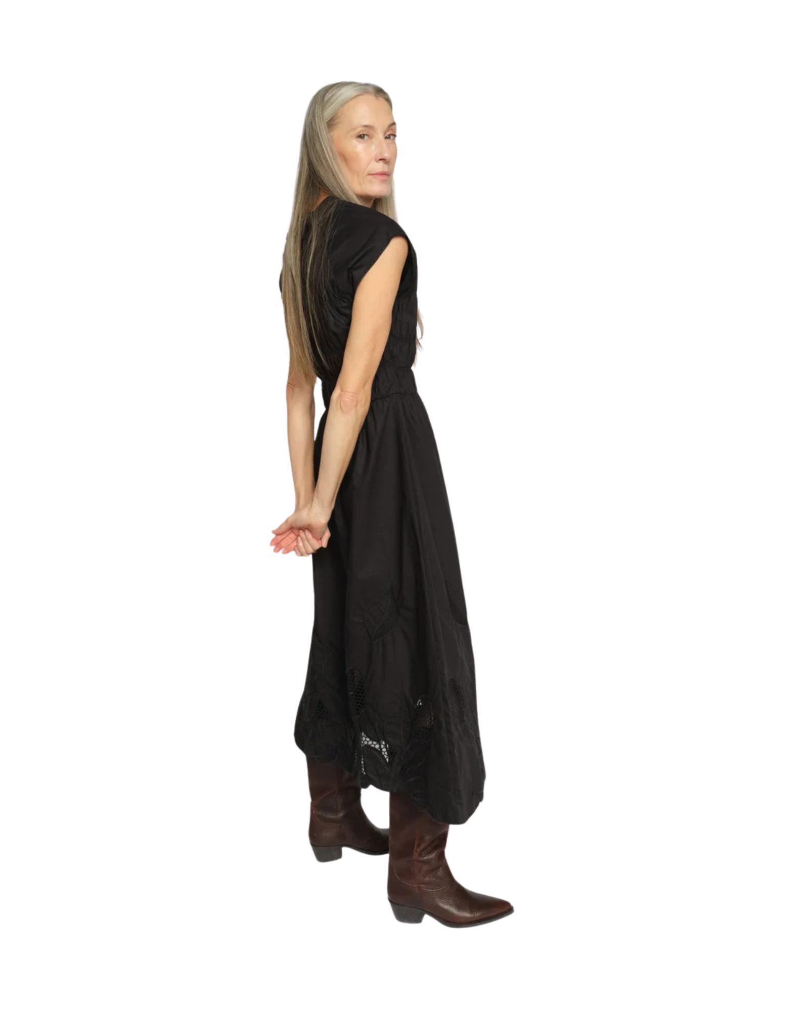 Side view of the MOS MOSH MMAria Mono dress in black, featuring a flowing midi skirt and refined sleeveless cut