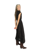Side view of the MOS MOSH MMAria Mono dress in black, featuring a flowing midi skirt and refined sleeveless cut