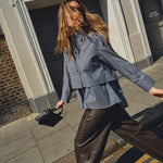 MOS MOSH Barb oversized navy striped shirt with classic collar, worn by a model