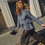 MOS MOSH Barb oversized navy striped shirt with classic collar, worn by a model