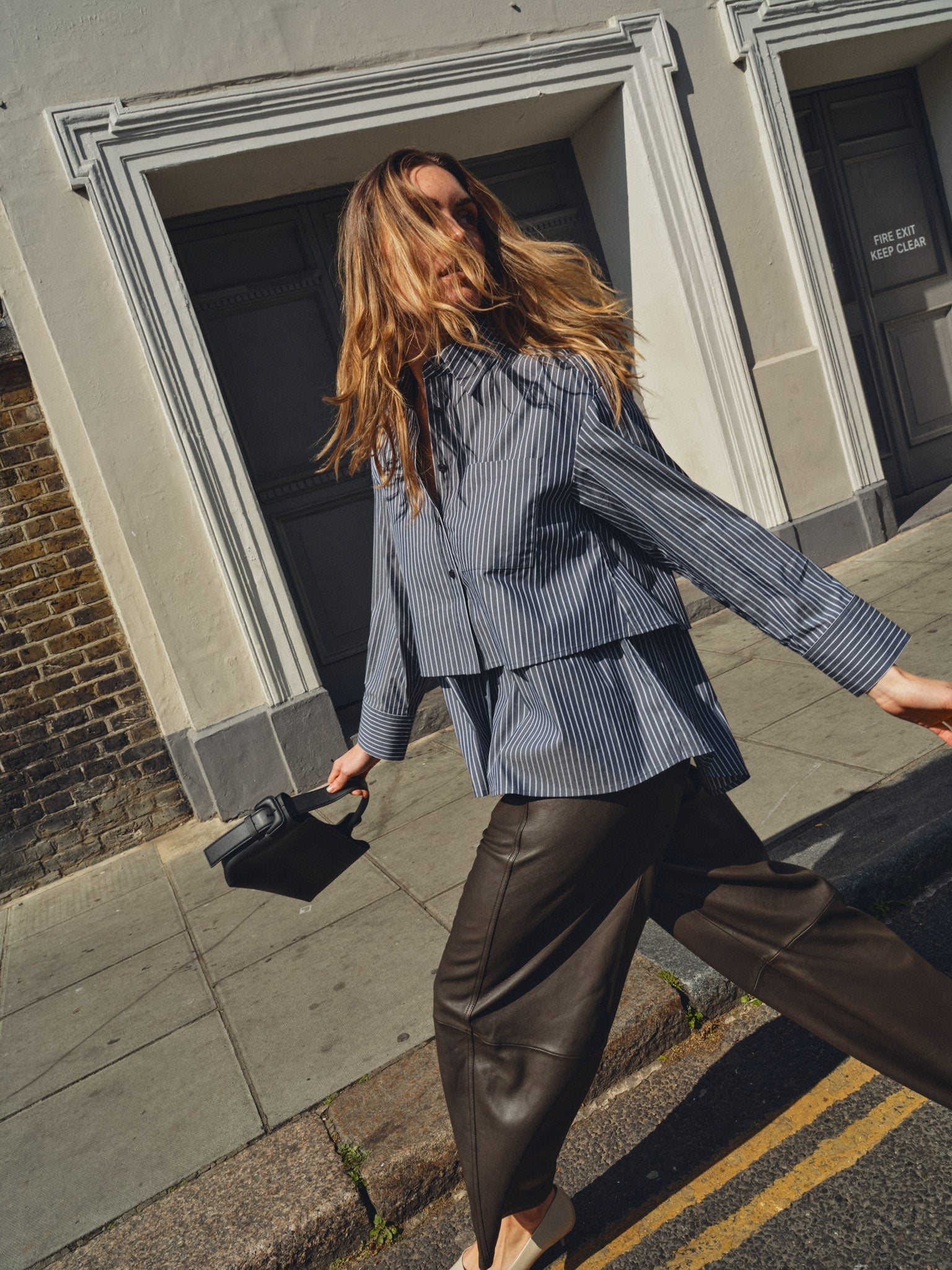 MOS MOSH Barb oversized navy striped shirt with classic collar, worn by a model