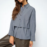 MOS MOSH Barb oversized navy striped shirt with classic collar, worn by a model