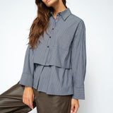 MOS MOSH Barb oversized navy striped shirt with classic collar, worn by a model