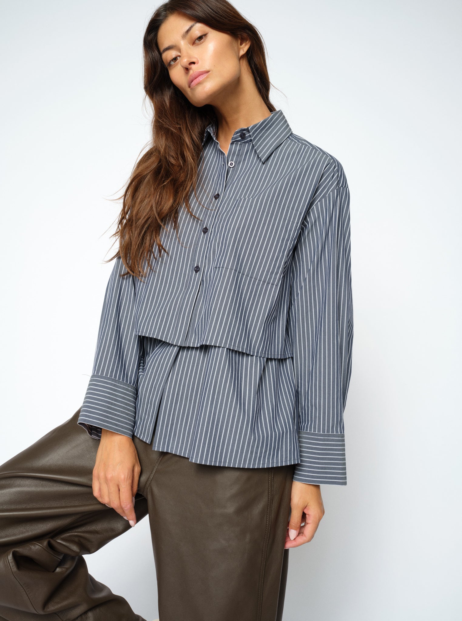 MOS MOSH Barb oversized navy striped shirt with classic collar, worn by a model