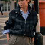 MOS MOSH Camille oversized navy checked wool-blend bomber jacket, worn by a model