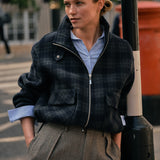 MOS MOSH Camille oversized navy checked wool-blend bomber jacket, worn by a model