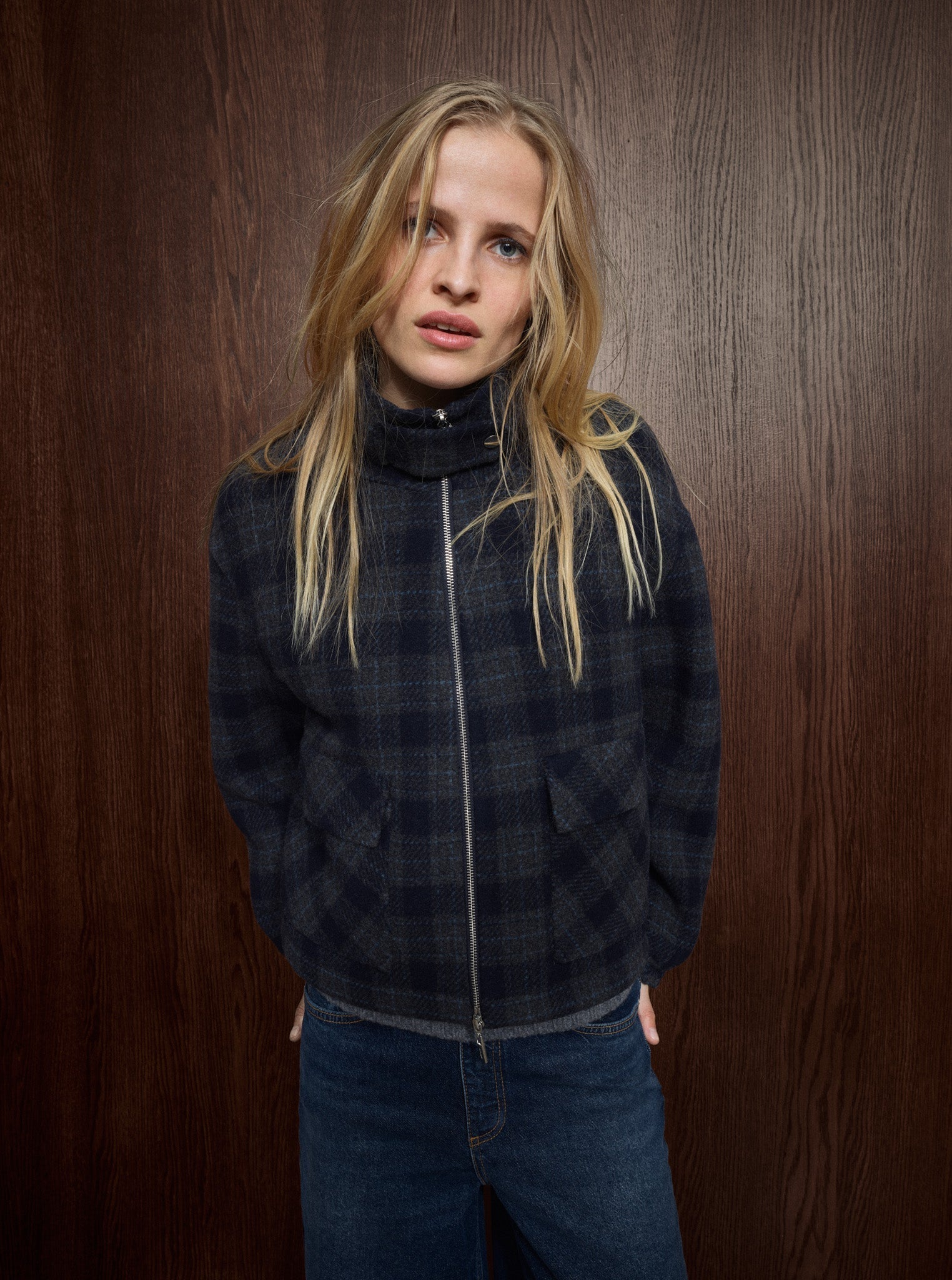 MOS MOSH Camille oversized navy checked wool-blend bomber jacket, worn by a model