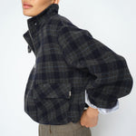 MOS MOSH Camille oversized navy checked wool-blend bomber jacket, worn by a model, front view