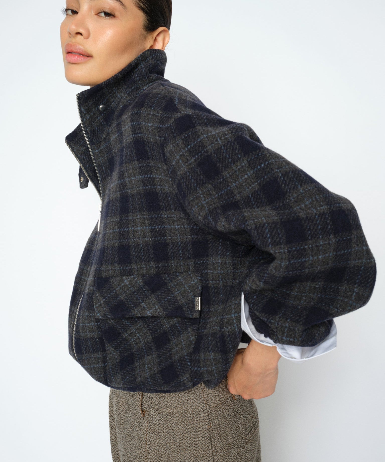 MOS MOSH Camille oversized navy checked wool-blend bomber jacket, worn by a model, front view