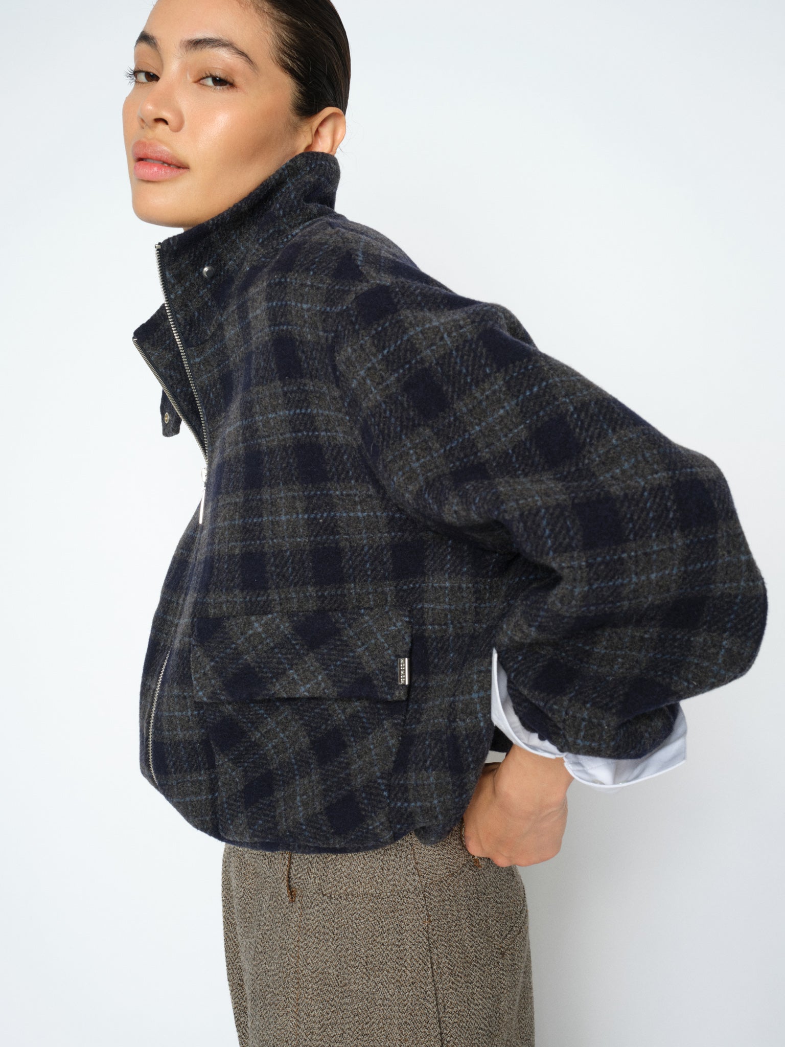 MOS MOSH Camille oversized navy checked wool-blend bomber jacket, worn by a model, front view