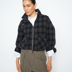 MOS MOSH Camille oversized navy checked wool-blend bomber jacket, worn by a model