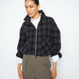 MOS MOSH Camille oversized navy checked wool-blend bomber jacket, worn by a model
