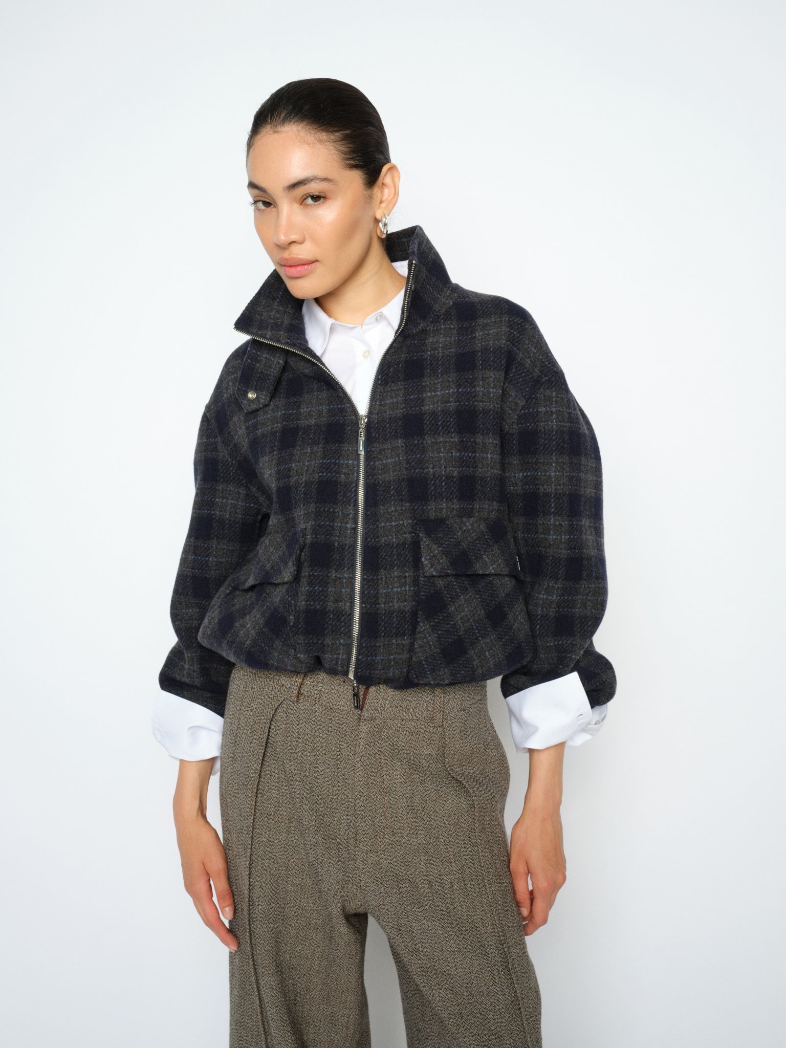 MOS MOSH Camille oversized navy checked wool-blend bomber jacket, worn by a model