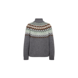 MOS MOSH Daya Fjord high-neck jumper in mottled grey with a sage, cream and brown jacquard yoke, back view