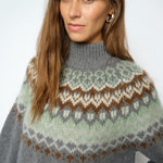 MOS MOSH Daya Fjord high-neck jumper in mottled grey with a sage, cream and brown jacquard yoke, close-up detail