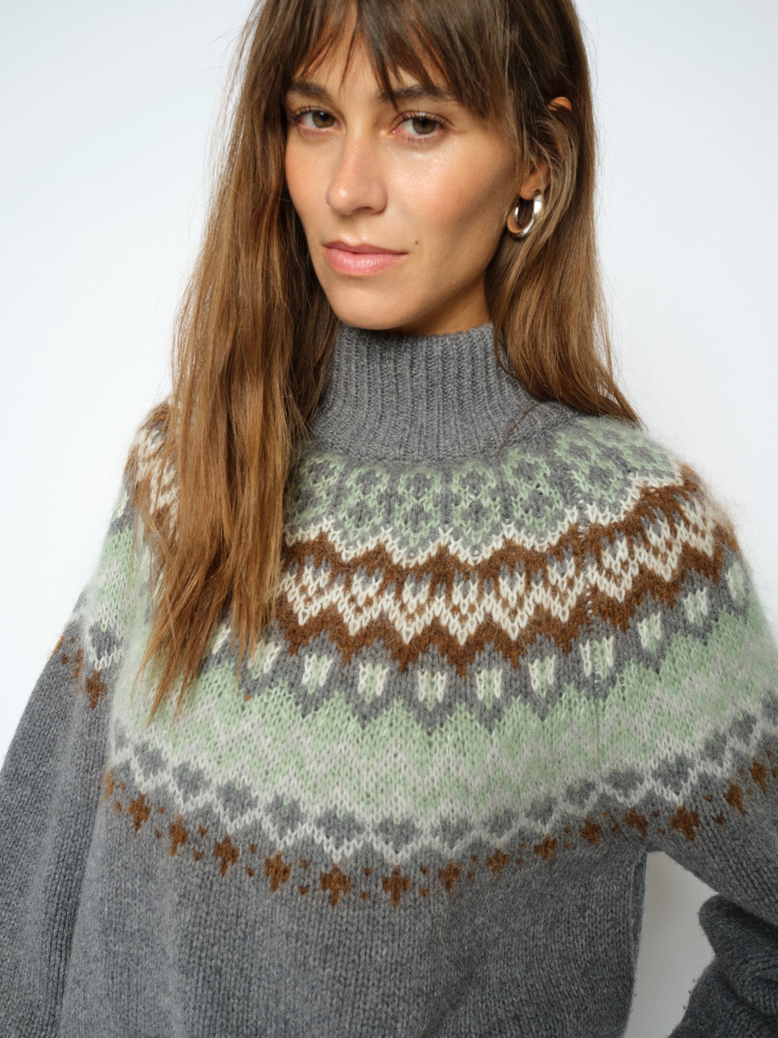 MOS MOSH Daya Fjord high-neck jumper in mottled grey with a sage, cream and brown jacquard yoke, close-up detail