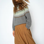 MOS MOSH Daya Fjord high-neck jumper in mottled grey with a sage, cream and brown jacquard yoke, close-up detail