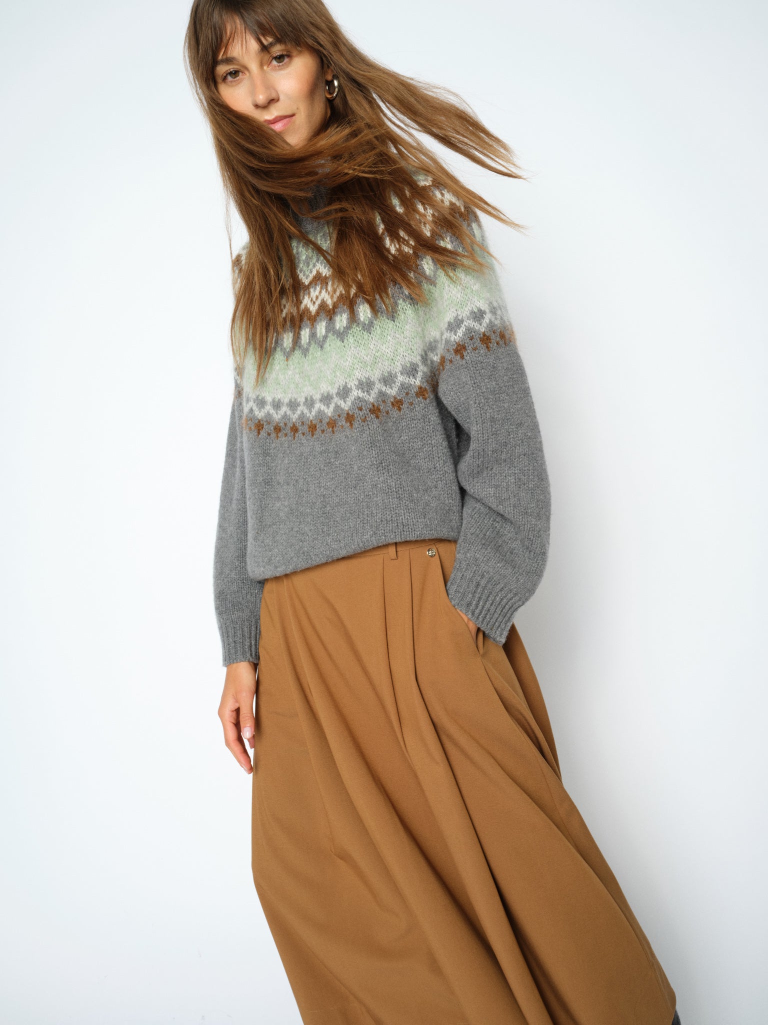 MOS MOSH Daya Fjord high-neck jumper in mottled grey with a sage, cream and brown jacquard yoke, close-up detail
