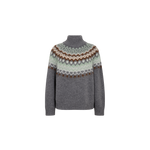 MOS MOSH Daya Fjord high-neck jumper in mottled grey with a sage, cream and brown jacquard yoke, front view
