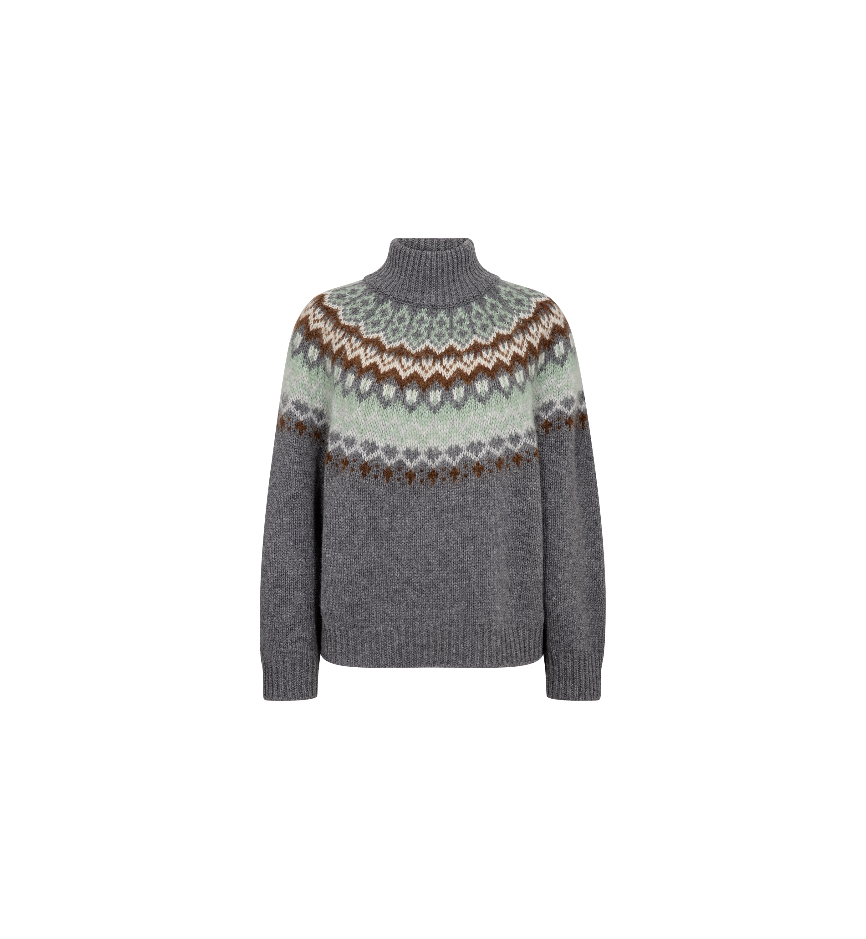 MOS MOSH Daya Fjord high-neck jumper in mottled grey with a sage, cream and brown jacquard yoke, front view