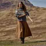 MOS MOSH Daya Fjord high-neck jumper in mottled grey with a sage, cream and brown jacquard yoke, lifestyle shot