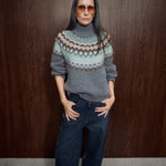 MOS MOSH Daya Fjord high-neck jumper in mottled grey with a sage, cream and brown jacquard yoke, worn by a model, front view