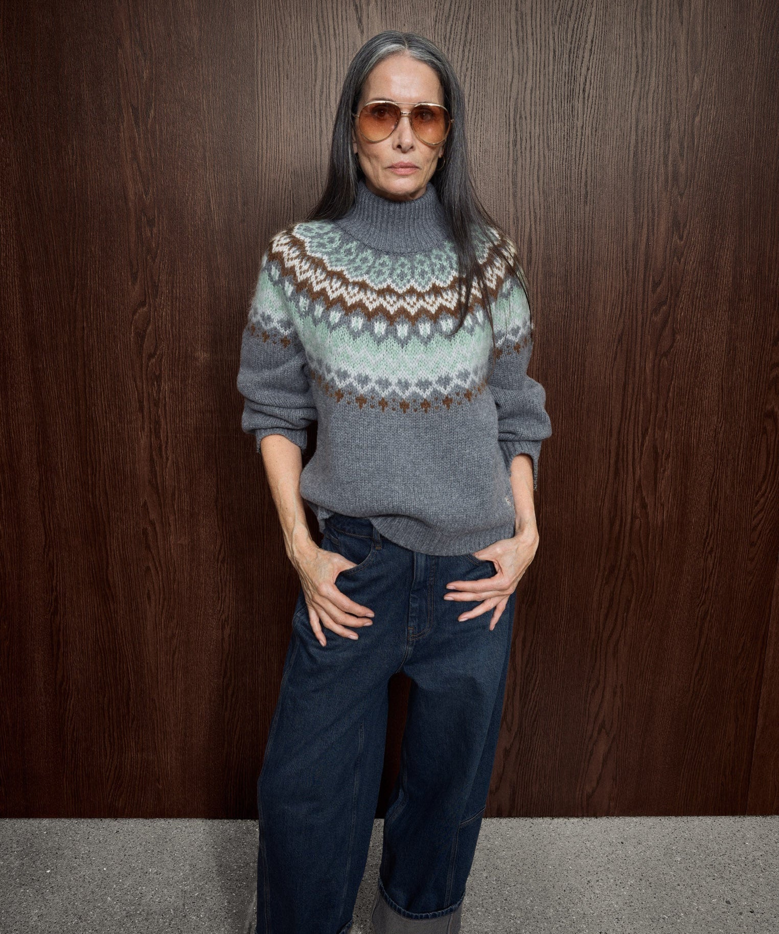 MOS MOSH Daya Fjord high-neck jumper in mottled grey with a sage, cream and brown jacquard yoke, worn by a model, front view