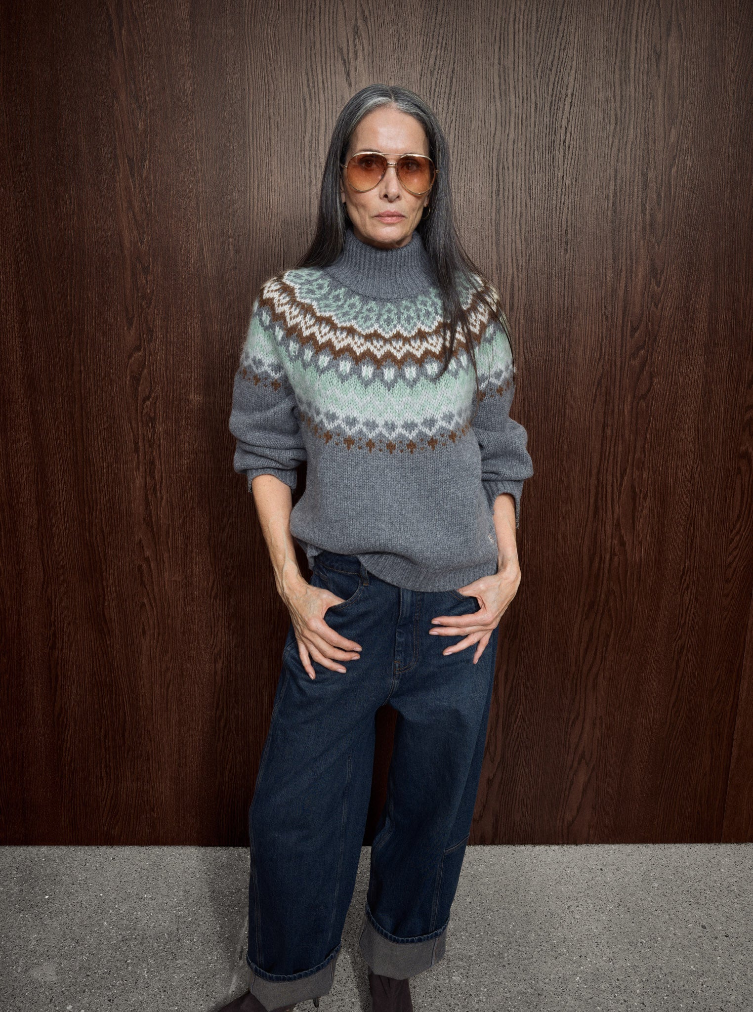 MOS MOSH Daya Fjord high-neck jumper in mottled grey with a sage, cream and brown jacquard yoke, worn by a model, front view