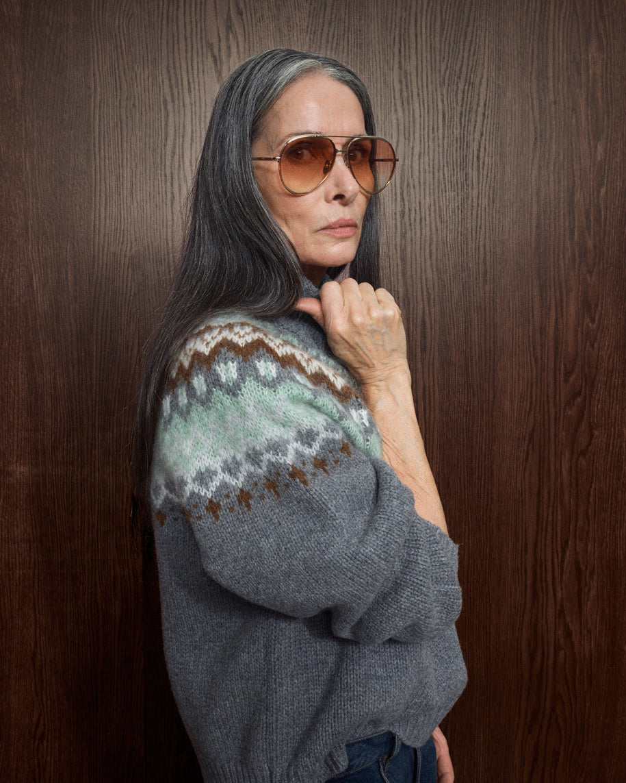 MOS MOSH Daya Fjord high-neck jumper in mottled grey with a sage, cream and brown jacquard yoke, side view