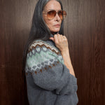 MOS MOSH Daya Fjord high-neck jumper in mottled grey with a sage, cream and brown jacquard yoke, side view