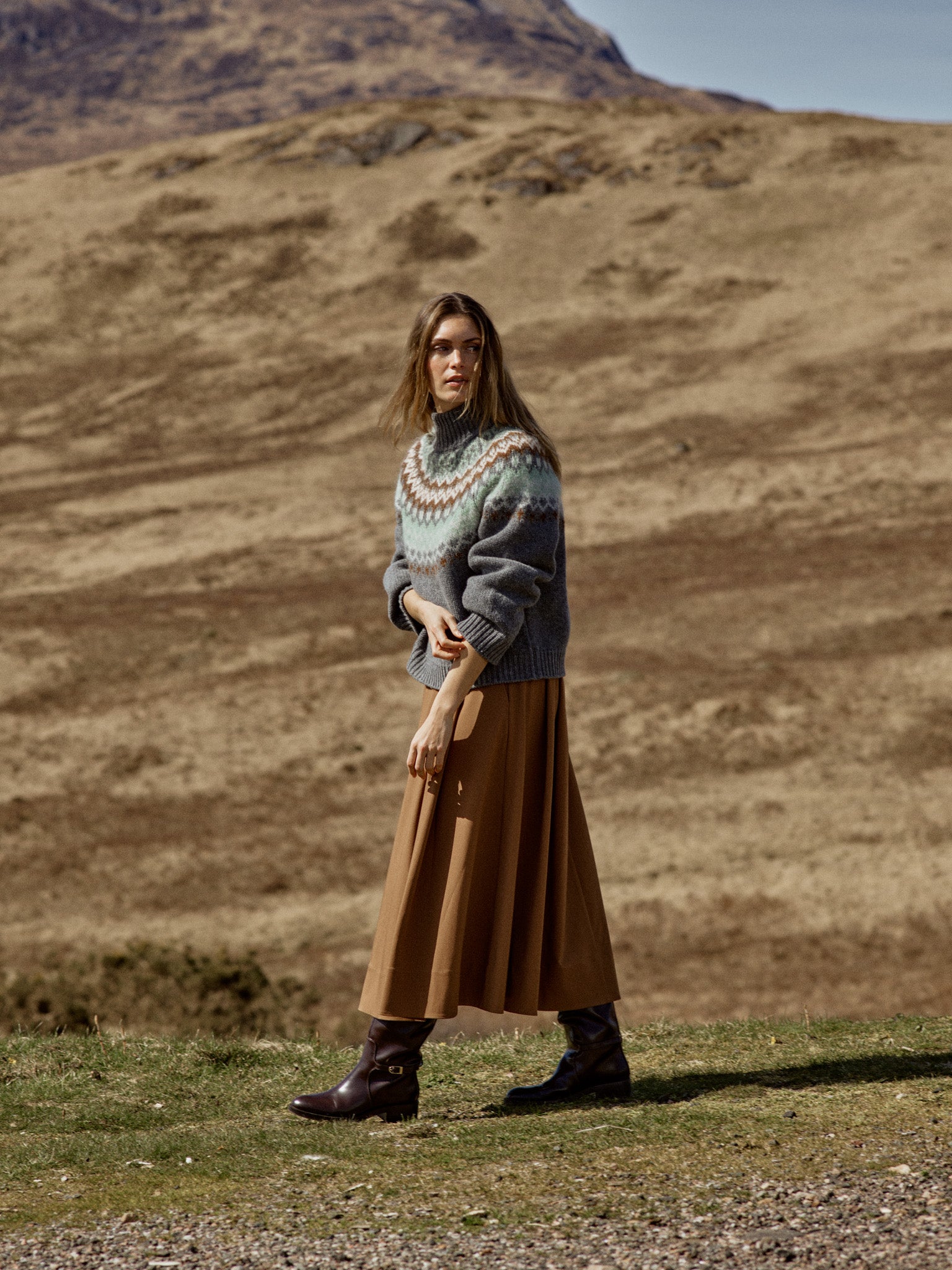 MOS MOSH Daya Fjord high-neck jumper in mottled grey with a sage, cream and brown jacquard yoke