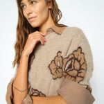 MOS MOSH Drea Popli round-neck jumper with brown jacquard roses on mottled beige, close-up detail