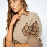 MOS MOSH Drea Popli round-neck jumper with brown jacquard roses on mottled beige, close-up detail