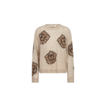 MOS MOSH Drea Popli round-neck jumper with brown jacquard roses on mottled beige, front view
