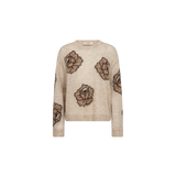 MOS MOSH Drea Popli round-neck jumper with brown jacquard roses on mottled beige, front view