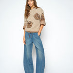 MOS MOSH Drea Popli round-neck jumper with brown jacquard roses on mottled beige