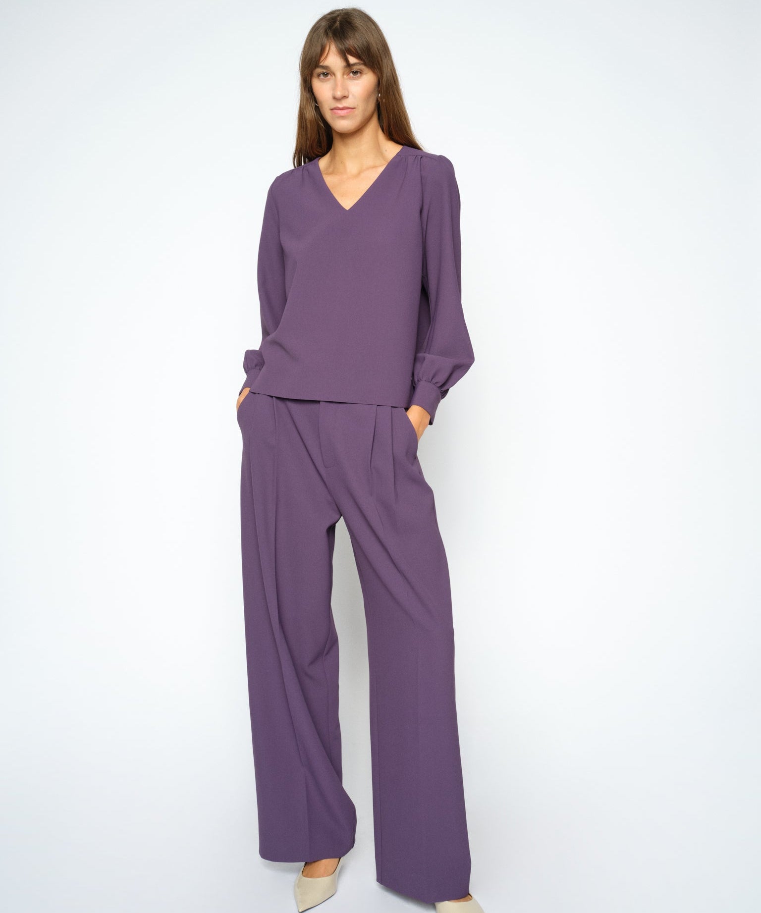 MOS MOSH Kay Miley pleated wide-leg trousers in Sweet Grape, worn by a model, front view
