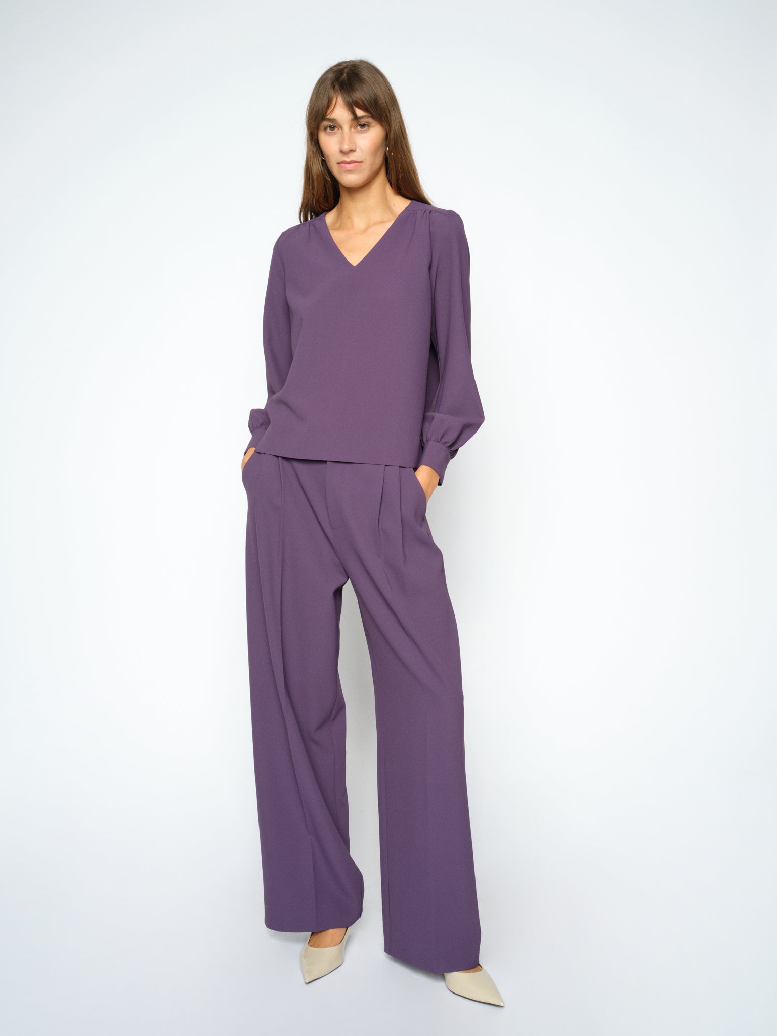MOS MOSH Kay Miley pleated wide-leg trousers in Sweet Grape, worn by a model, front view