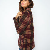MOS MOSH Manja Comi oversized blazer in burgundy and pink check, close-up detail