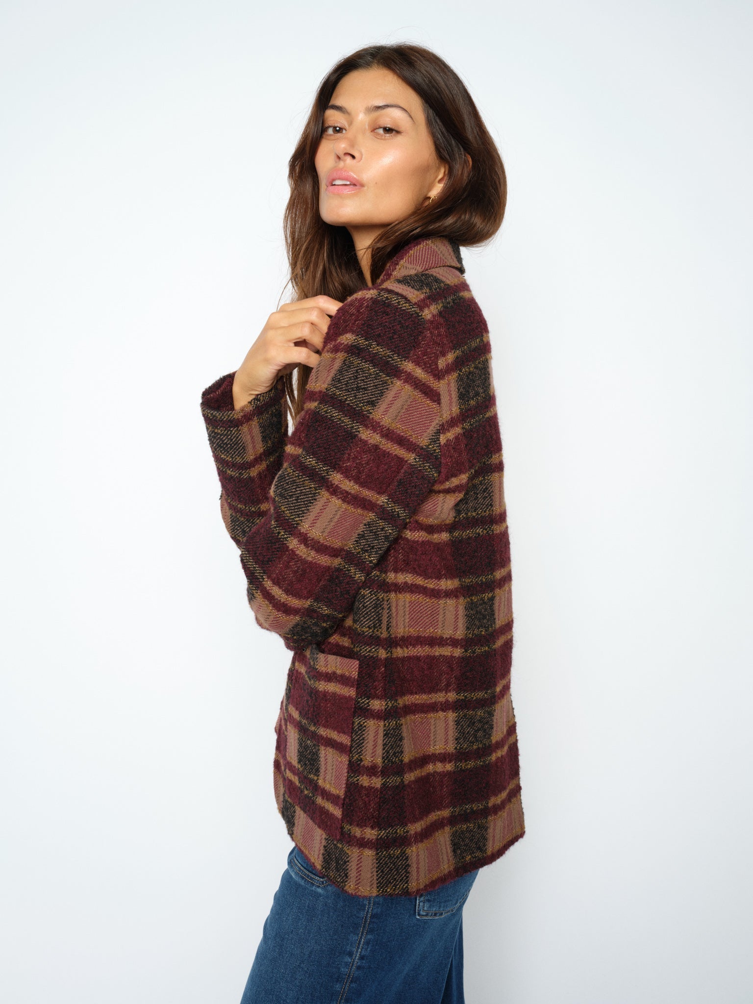 MOS MOSH Manja Comi oversized blazer in burgundy and pink check, close-up detail